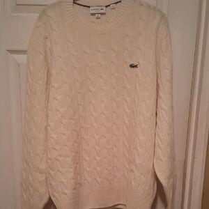 Lacoste Mens Off-White Cable Knit Wool Sweater Xl
